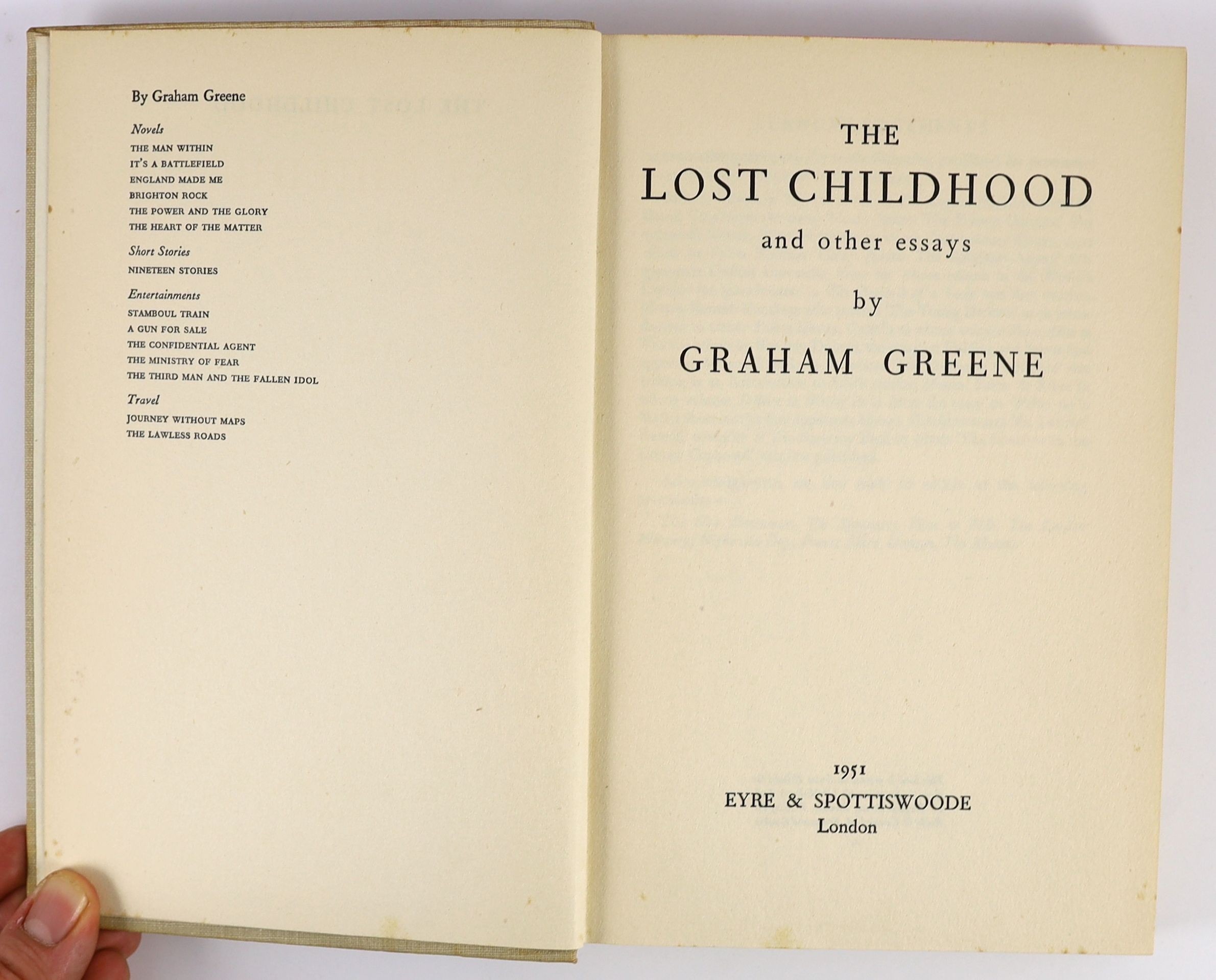 Greene, Graham - The Lost Childhood and other essays, 1st edition, in a spotted, torn and unclipped d/j, ink ownership inscription to front fly leaf, Eyre & Spittiswood, London, 1951